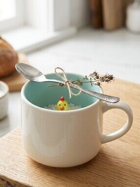 Chicken Teacup Coffee Mug Glass Stainless Spoon Gift Boxed Set